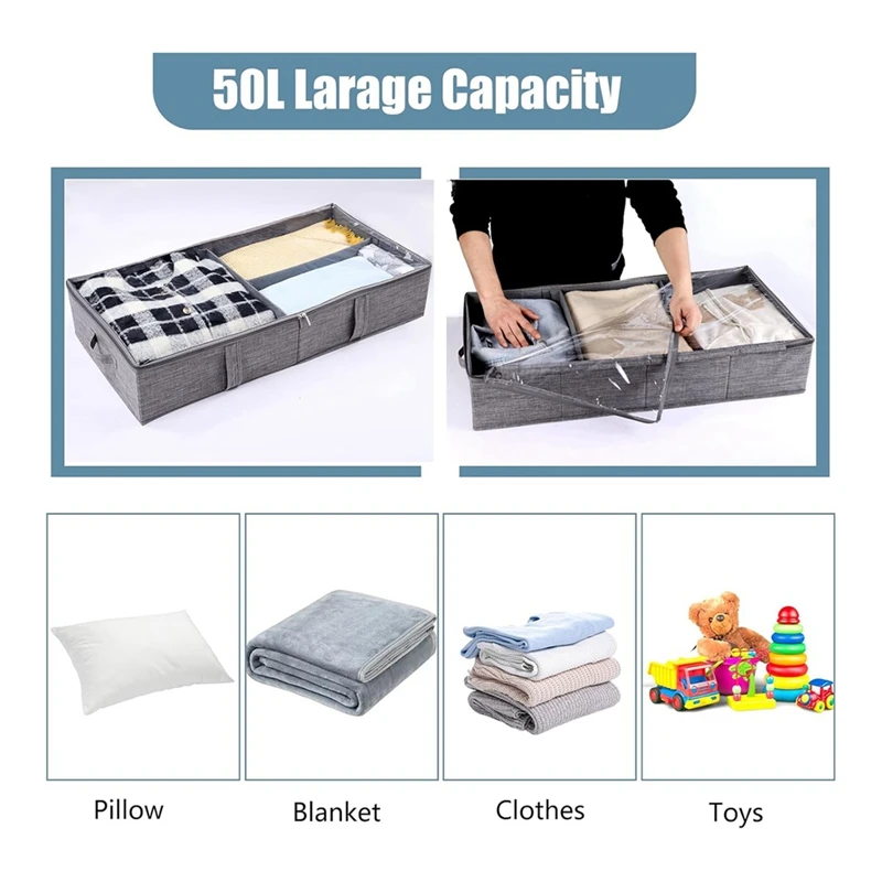 50L Under Bed Storage Box With Lid, Foldable Linen Storage Box With Sturdy Sidewalls/Bottom And Adjustable Dividers PVC