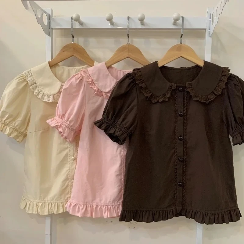 Summer Japanese Kawaii Lolita Shirts Women Sweet Puff Short Sleeve Lace Ruffles Slim Blouses Girls Cute Y2k Clothes Tops Blusas