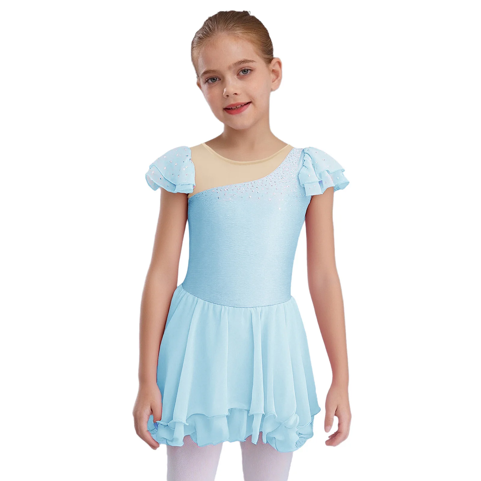 Robe de Ballet pour enfants filles, strass brillants, manches à volants, maille transparente, Patchwork, ourlet de laitue, robe Tutu, concours de danse de ballerine