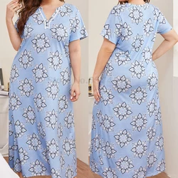 Women's Home Wear Casual Nightwear Printed V-Neck Short Sleeved Long Nightgown Oversized Intimate Lingerie Chemise Nightdress