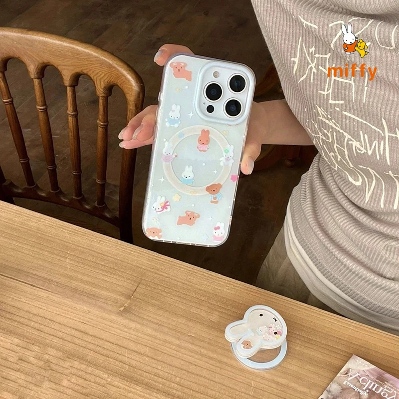 Kawaii Miffy الهاتف قذيفة مناسبة آيفون 17 16 15 14 الكرتون المغناطيسي حامل بوريس و Snuffy مكافحة قطرة جراب هاتف فتاة الهدايا
