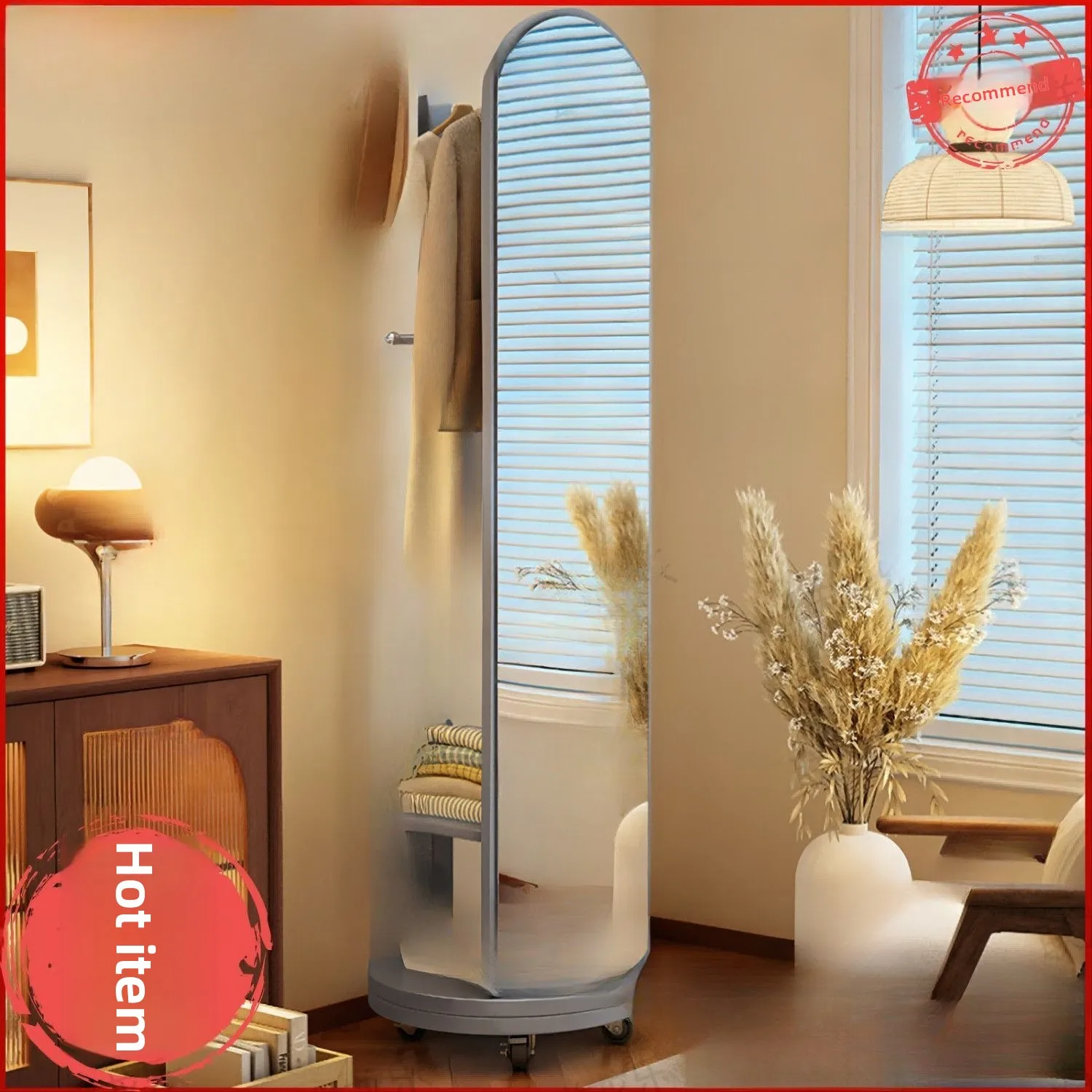 360° Rotating Full Length Mirror with Coat Rack & Storage ShelvesSolid WoodSwivel Standing Wardrobe Mirror for Bedroom Entryway