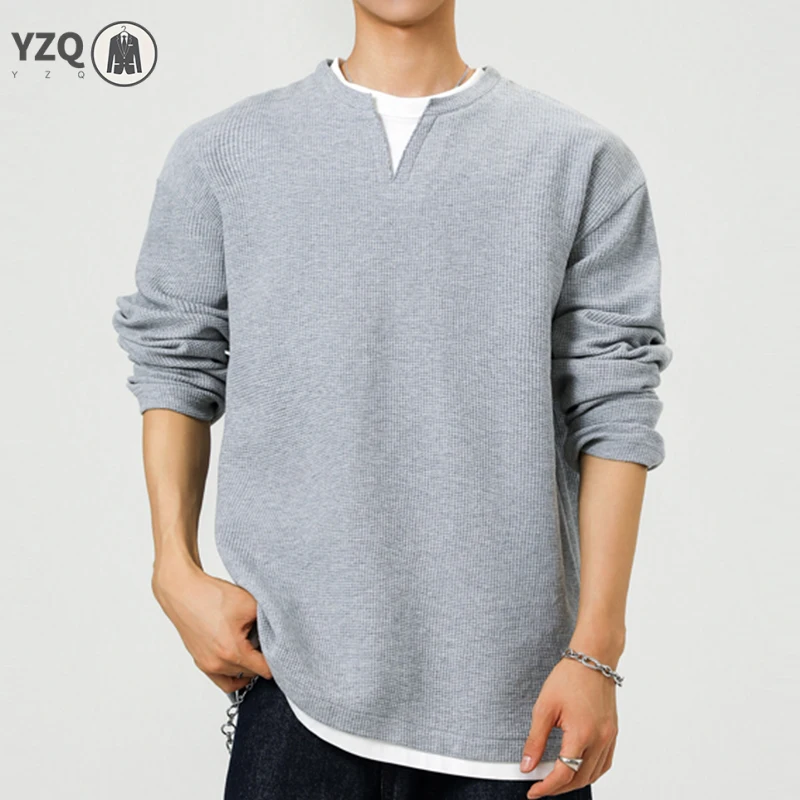 Autumn Basic Long Sleeve Pullover Men Fake Two Piece Design Waffle Knit Notch Neck Easy Matching Street Apparel