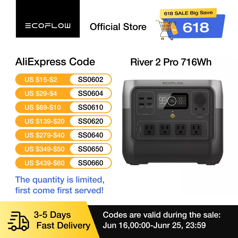 

ECOFLOW Solar Generator RIVER 2 Pro 716Wh LiFePO4 Battery, 4x800W AC Outlets (1600W Surge), Solar Generator