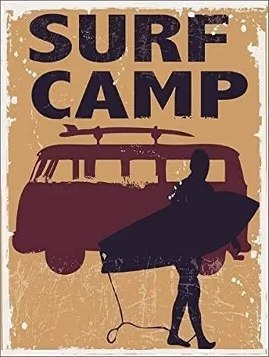 Metal Tin Sign Surf Camp Bus with Surfer and Surfboard Metal Decor Wall Sign Wall Poster Wall Decor Door Plaque 8x12 Inch