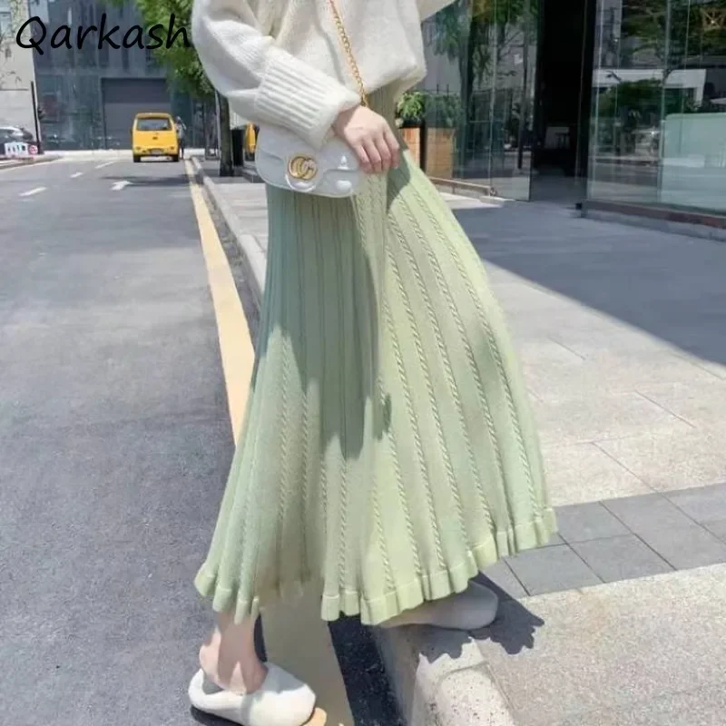 Knitted Long Skirts Women Cozy High Waist Gentle Soft Temper Autumn Winter Korean Style Office Lady A-line Chic Daily Faldas New