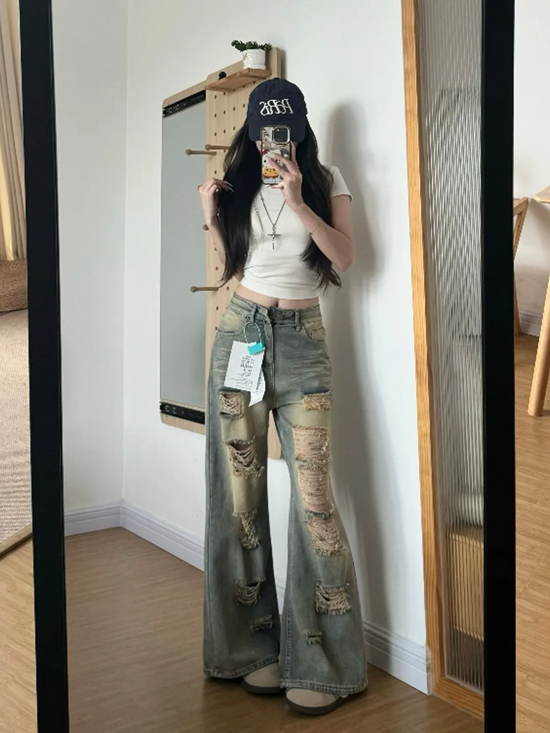 

American Style Vintage Faded Hole Micro Flared Jeans Women's Spring Autumn New High Waist Loose Slim Straight Long Trousers