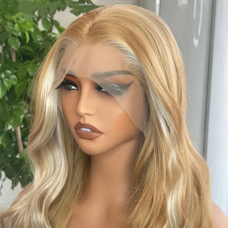 Peluca sintética ondulada de cuerpo largo, resaltado rubio miel, parte media, pelucas frontales de encaje, encaje Frontal prearrancado, línea de cabello realista