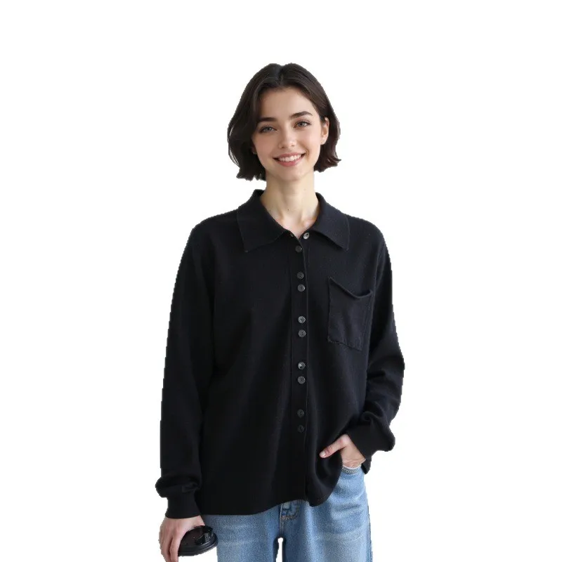 2025年冬 レディース ポロ襟 100%ウール 長袖 ボタン付き インナー 無地 ニットセーター