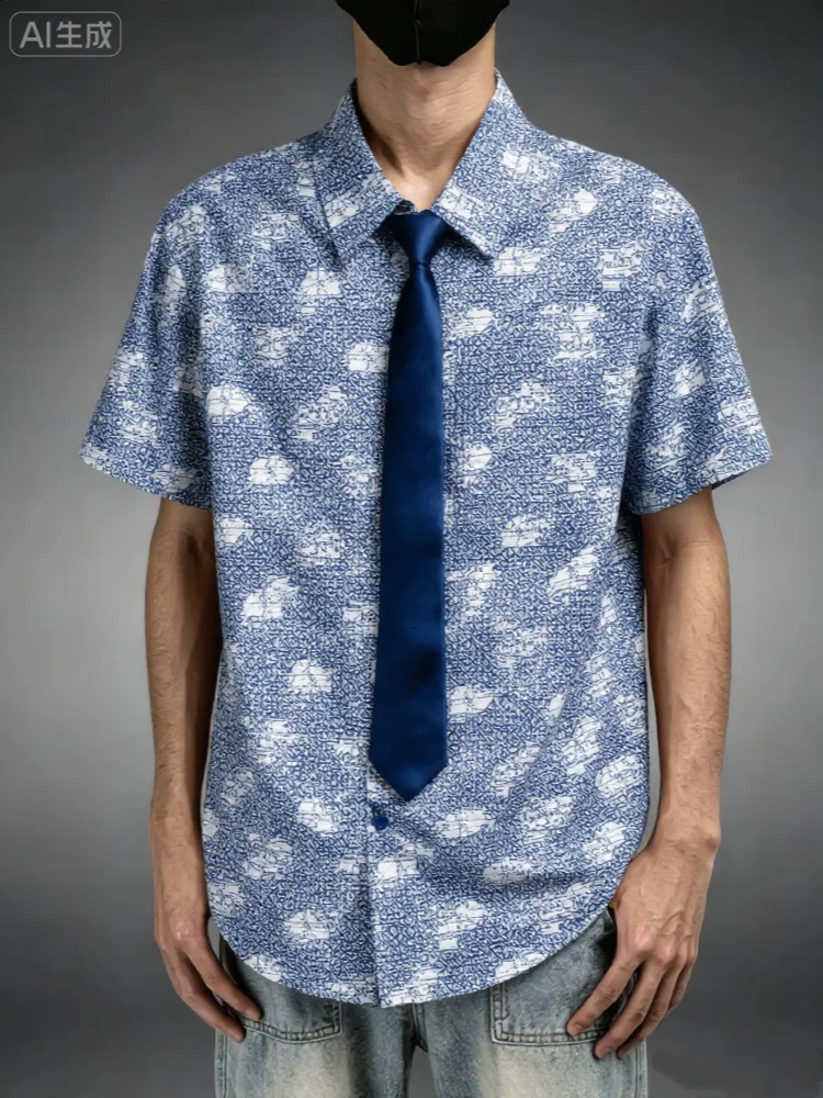 

Mens Printed Shirt With Tie Chest Pocket Turn Down Collar Blue White Solid Tie Loose Fit Summer Casual Shirt