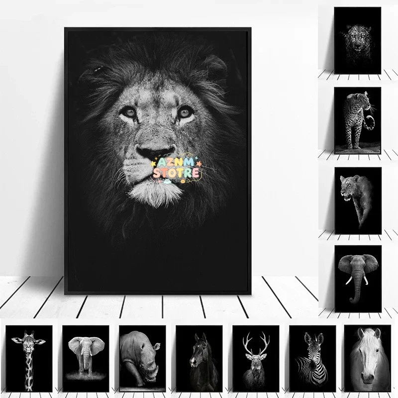 Animal Canvas Printings White and Black Wall Art Lion Elephant Deer Zebra Posters and Prints Modern Wall Decor Paintings Pict