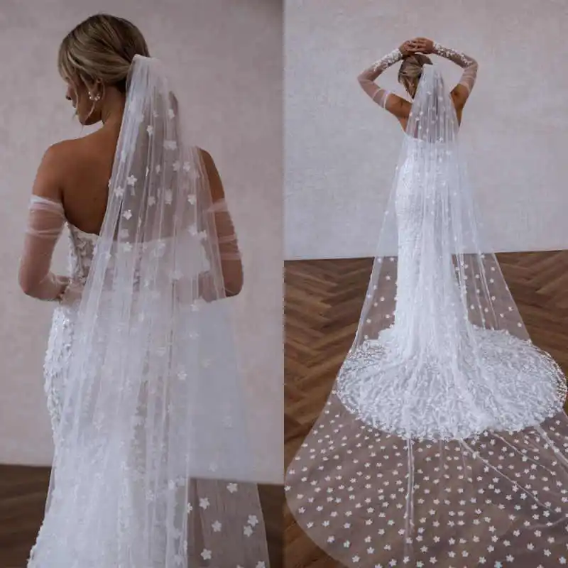 

Sweet White Ivory Wedding Veil Elegant One Layer Long Flowers Cathedral Length Veils Applique Edge Customized Bridal Accessories
