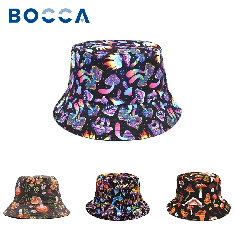 Bocca Print Bucket Hat Cartoon Mushroom Printing Panama Fisherman Hats For Men Women Sunscreen Travel Hiking Outdoor Cap Gorras