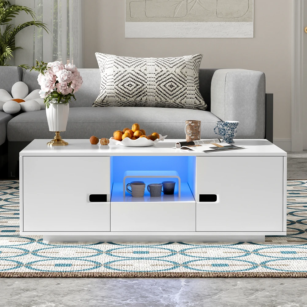 High Glossy Rectangle Coffee Table,Stylish Center Table，Storage Space,Accent Furniture with 16 Color LED Lights for LivingRoom