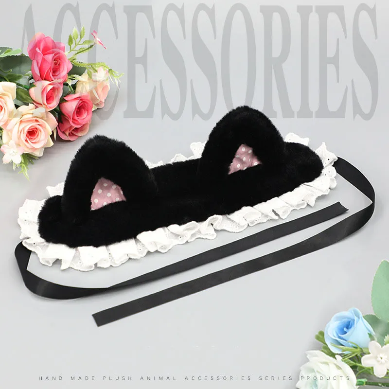 Ruffled Lolita Ribbon Plush Cat Ear Headband Cosplay Headpiece Cute Sweet Hair Hoop Band Maid Cosplay Hairband Hair Accessories