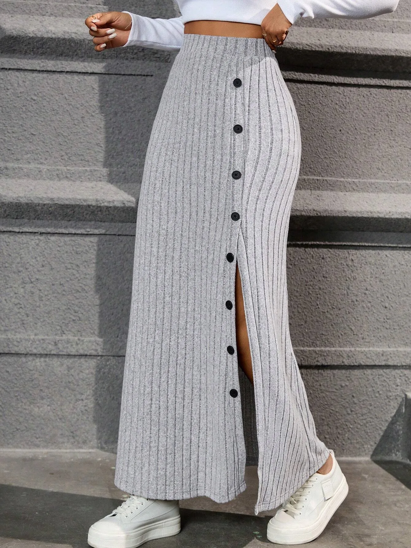 Fashion Gray High Waist Split Design Rib Knitted Half Skirt with Button Decoration Women's Spring Summer Chic Casual Long Skirts