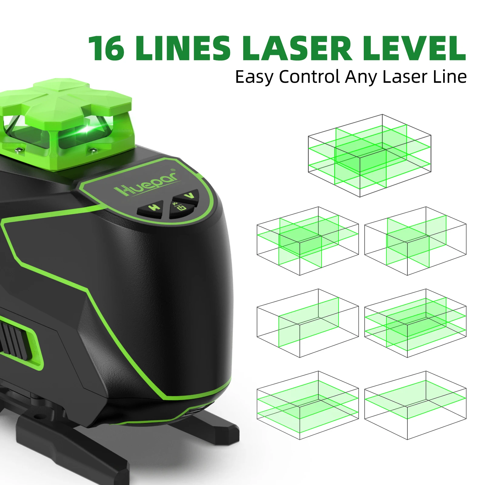 Huepar 4D 16-liniowa samopoziomująca poziom lasera 4 x 360 °   Laser krzyżowy z zieloną wiązką i akumulatorem litowo-jonowym do płyt podłogowych