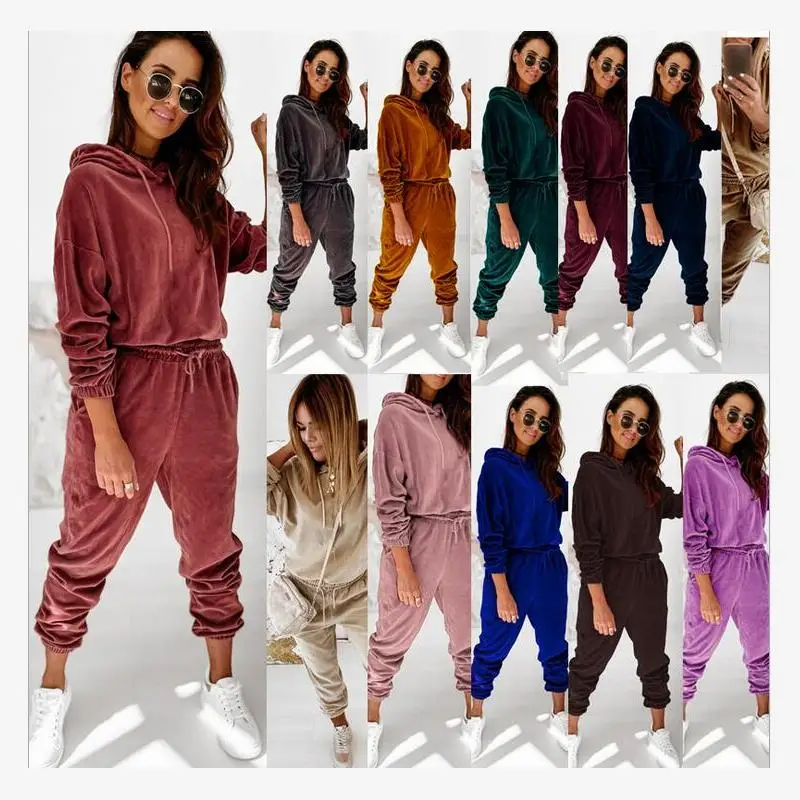 

Autumn Winter New Sle Women's Pure Color Gold Velvet Hooded Long Sve Casual Set Comfortable Breathable Qui Dry Sports ...