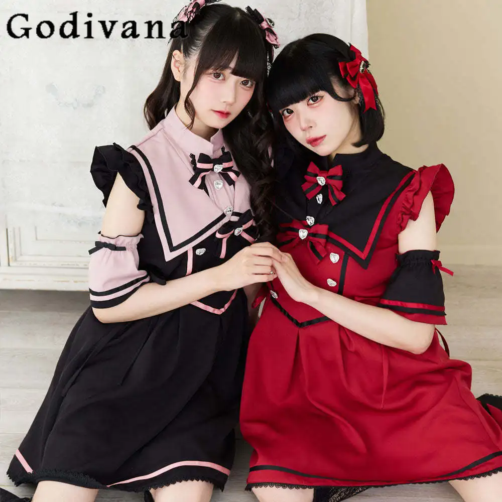 

Japanese College Style Elegant Heavy Industry Lo Short Dress Female Summer Sweet Cute Bow Love Rhinestone with Sleeve Dress Set