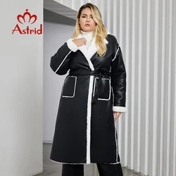 Astrid 2023 Winter Faux Leather Jacket Women Plus Size Long Warm Plush Collar Padded Coat Fashion Pocket Cotton Female Parkas