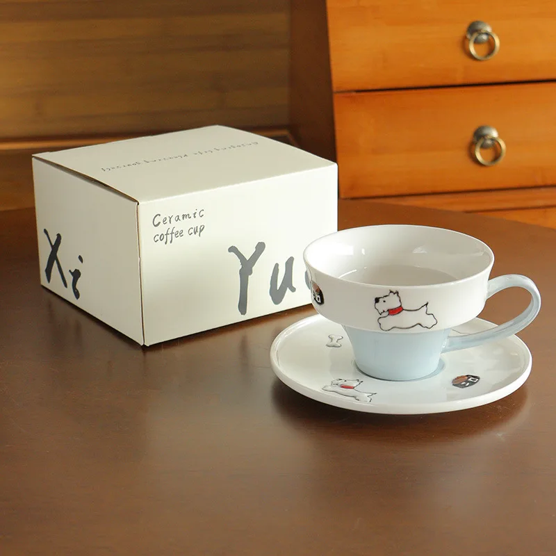 West Highland Dog Coffee Cup Plate, Underglaze Colored Ceramic Cup Romantic Afternoon Tea Cup, Wedding Companion Gift for Girls
