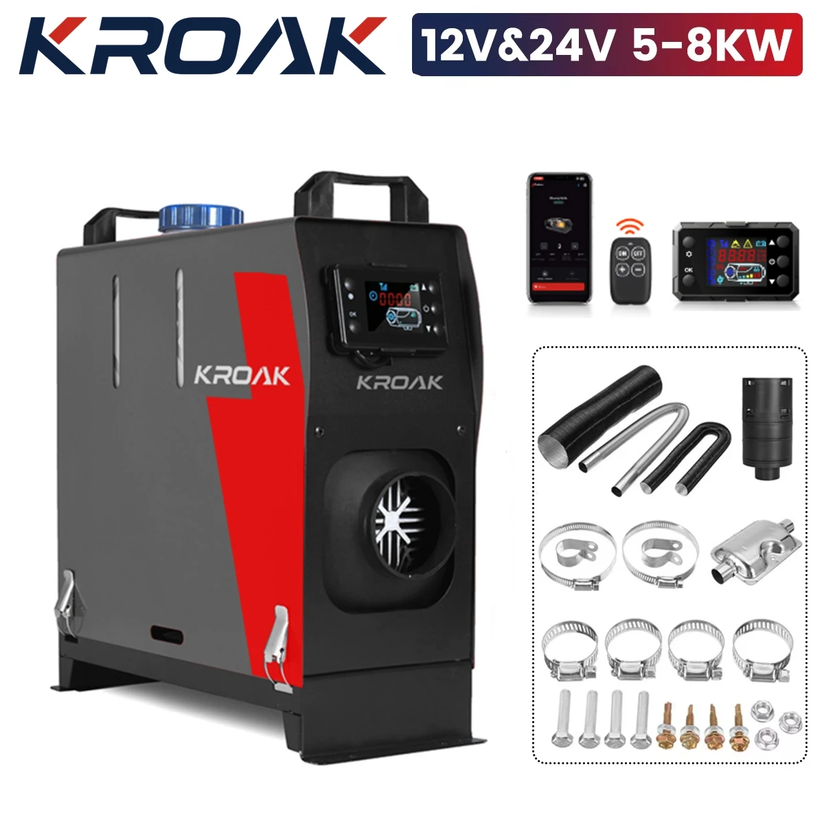 KROAK Car Heater 12V All In One 24V Standing Diesel Parking Heater 5-8KW Bluetooth Smart APP Control+LCD Panel & Remote Control