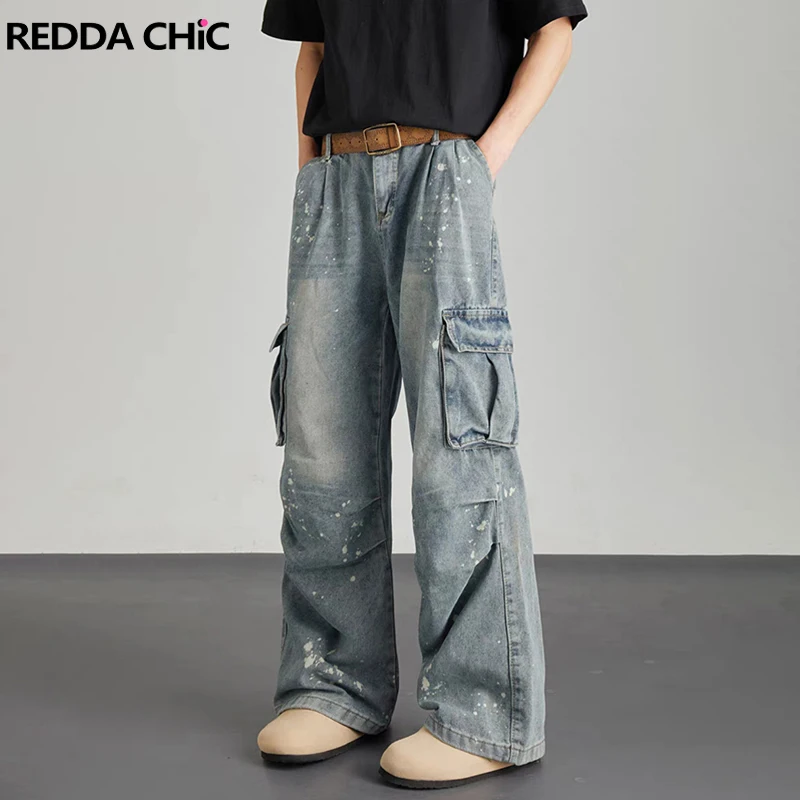 

REDDACHIC Retro Whiskers Splash Ink Cargo Jeans Men Multi-pocket Wash Pintuck Do Old Wide Leg Denim Pants Y2k Hiphop Streetwear