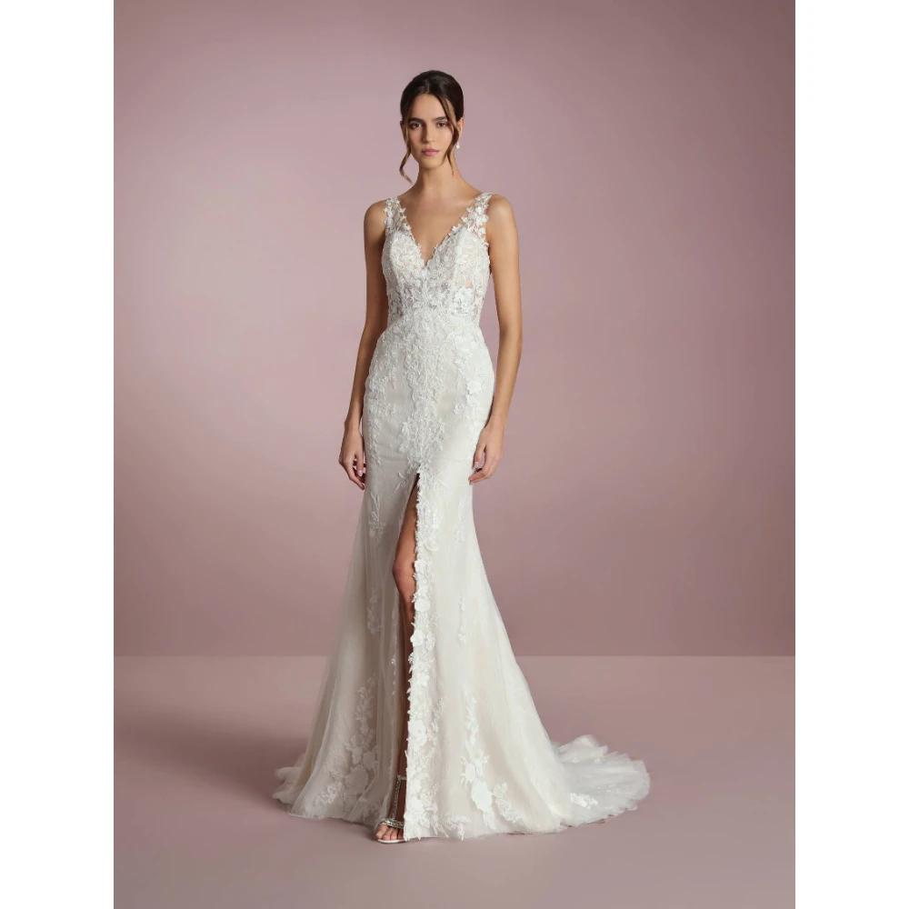 

ESBRIDE Elegant Civil Wedding White Dress Sleeveless V-Neck Lace Mermaid Wedding Dresses Floor-Length gown Bride Women's Dress