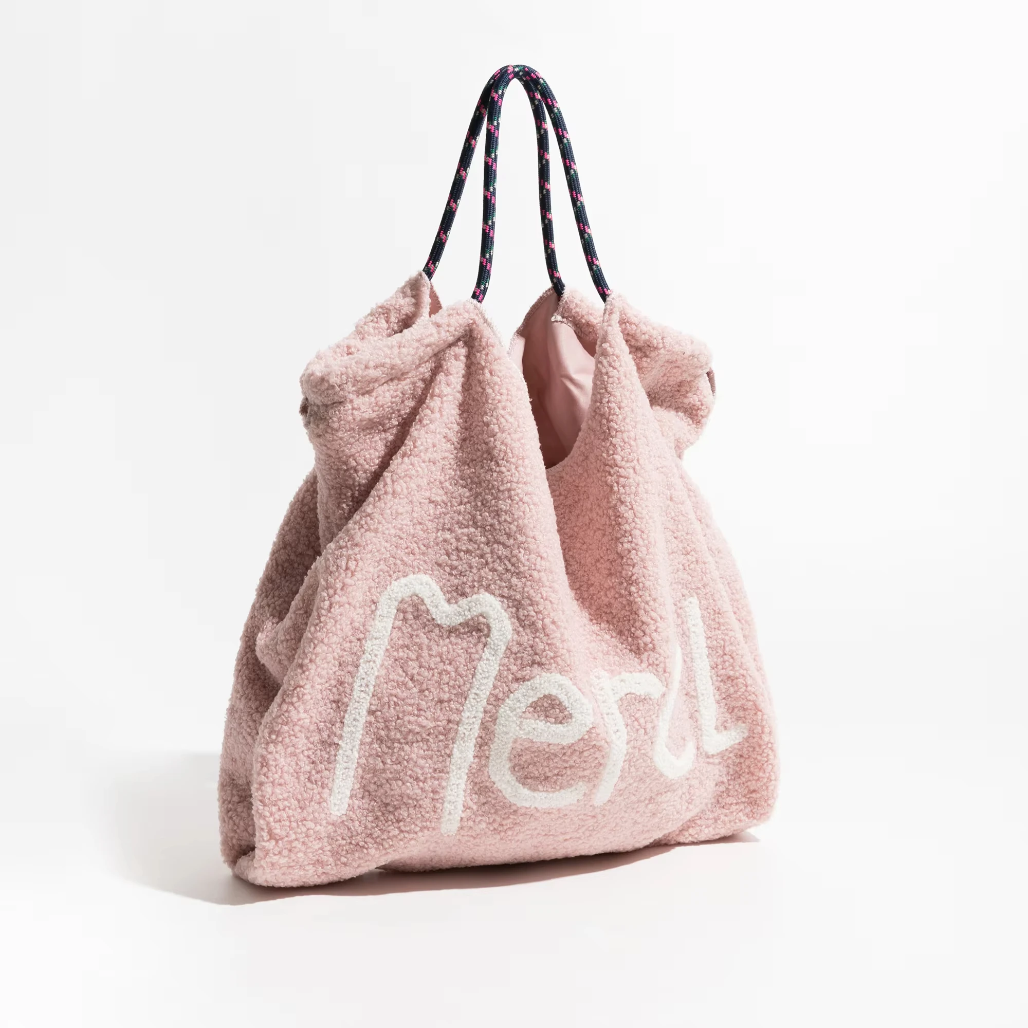 MABULA Pink Lamb Fabric Square Handbag Drawstring Design Soft Plush Faux Fur Large Capacity Shoulder Shopping Purse For Women