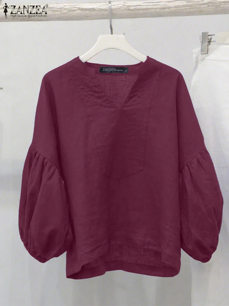 

ZANZEA 2025 Autumn Blouses Woman Casual V-Neck 3/4 Lantern Sleeve Seamed Blusas Mujer Stylish Chic Solid Color High-Low Tops