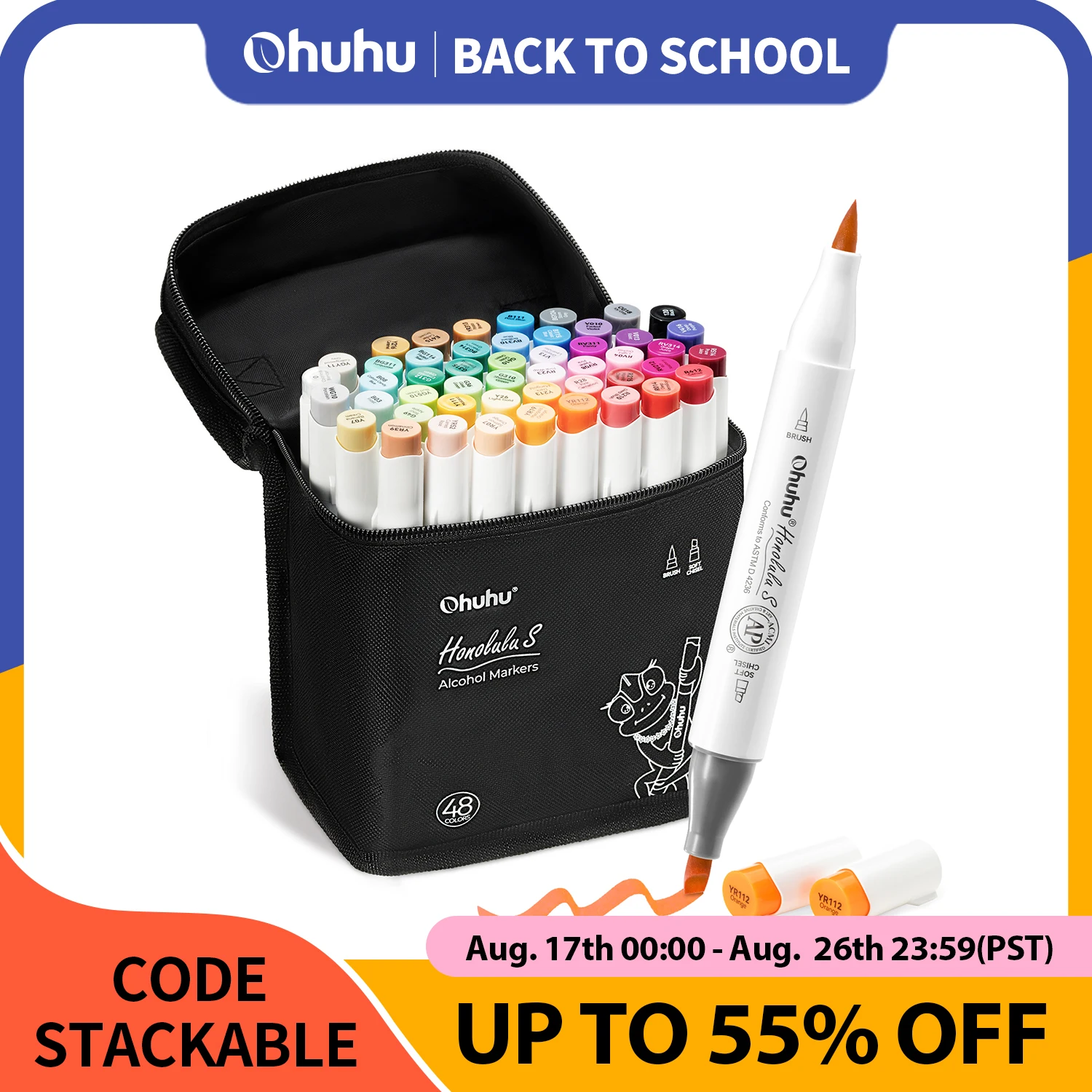 Ohuhu Honolulu S 48-Farben-Markierungsstift-Set, Alkohol-Kunstmarker, rotes Punkt-Design, Doppelspitzen, Skizzieren, Zeichnen, Schule, Kunstbedarf