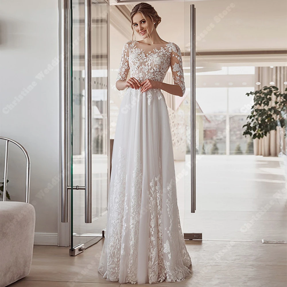 Elegante Kanten Lange Mouwen Vrouwen Trouwjurken Sexy Chiffon Bruidsjurken Dweilen Lengte Print Gewaden Vestidos De Novias 2024