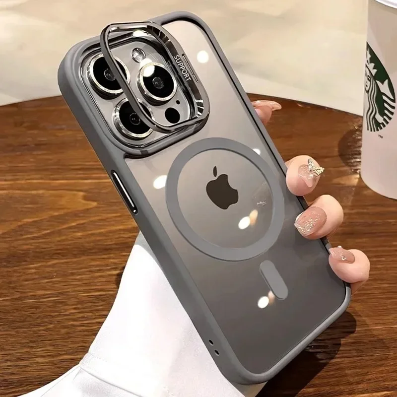 

New Luxury Magnetic Stand Case For iPhone 16 15 14 Plus 13 12 11 Pro Max Magsafe Wireless Charging Cover With Lens Protector