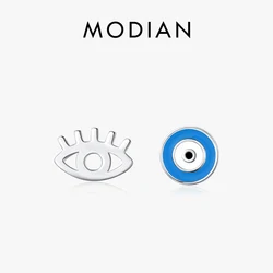 MODIAN Asymmetric Cute Blue Enamel Hollow Eye Stud Earrings 925 Sterling Silver Trendy Platinum Plated Jewelry For Women Gifts