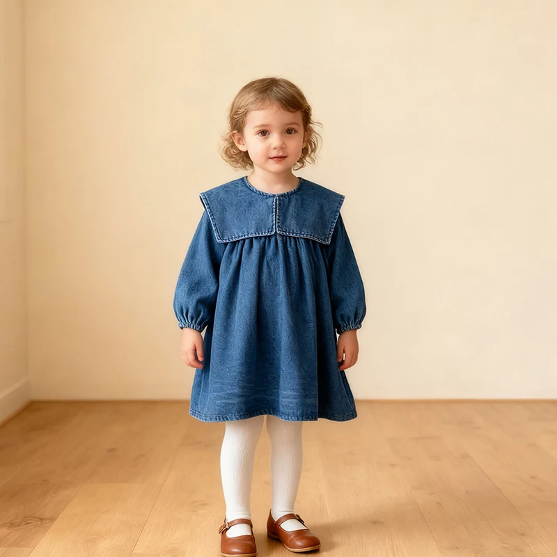 2026 New Spring Sister Dress Children Clothes Kids Princess Dresses 2-6Yrs Girl Party Dress Long Sleeved Solid Color Denim