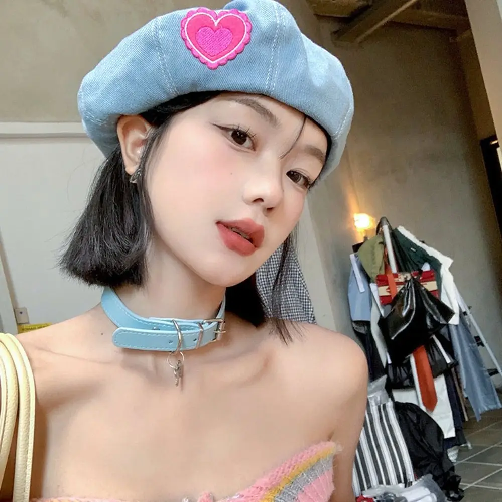 Pink Love Denim Beret Hats Women Spring Summer Shows Face Versatile Retro Painter Cap Japanese Berets Newsboy Caps Casual