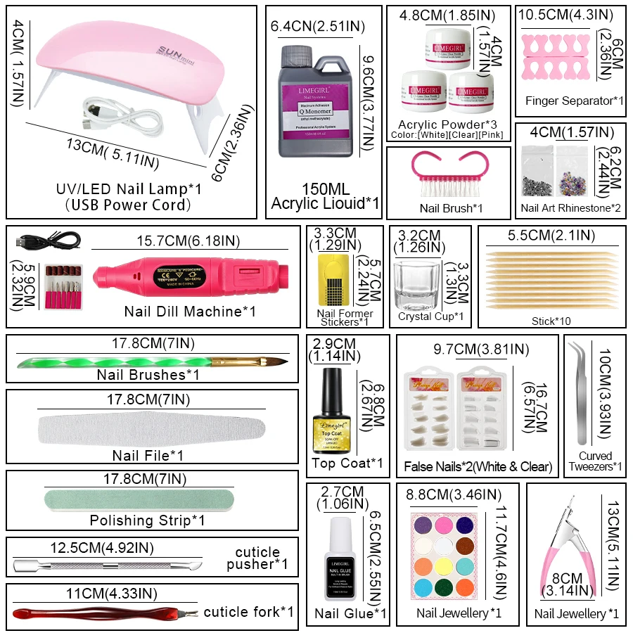 Nail Acrylic Powder Kit Professional Nail Art DIY Extended Mold Acrylic Gel Set Nail Glitter Powder 3D Nail Tips Carving Tools