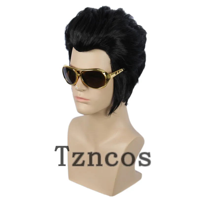 Tzncos Cosplay Men’s 80s Wig Short Black Wig with a of glasses Halloween Costume Male Wig Punk Heavy Metal Rocker Wig Curly Hair