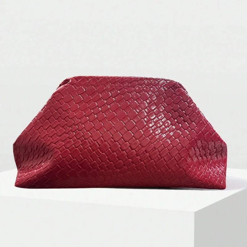 

2026 Spring New Design Artificial Leather Woven Pattern Clutch Bag for Women Large Capacity Burgundy Phone Evening Bag