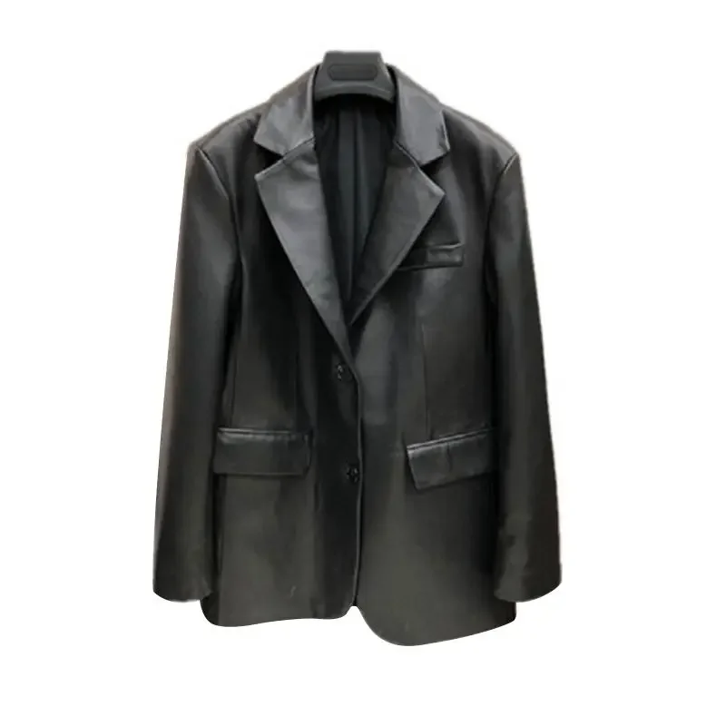 KUSAHIKI PU Leather Medium-long Causal Tailored Coat 2023 Autumn New Turn-down Collar Jackets Causal Fashion Elegant Blazer Coat