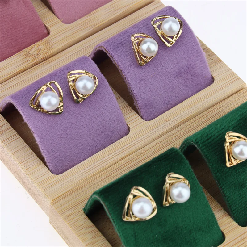 

Bamboo Wood Earrings Display Stand DIY Velvet Jewelry Storage Tray for Window Counter Props Show Case Multiple colors available