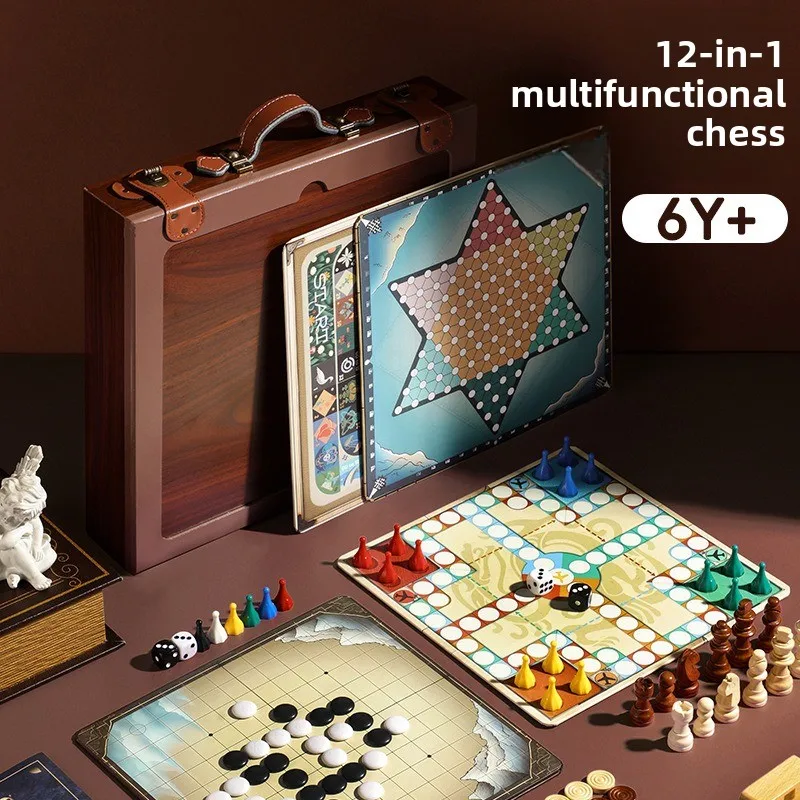 

Детский деревянный игровой набор 12, магнитные шахматные шашки, нарды Гомоку Людо, китайские шахматы, семейные путешествия, образовательный подарок на заказ
