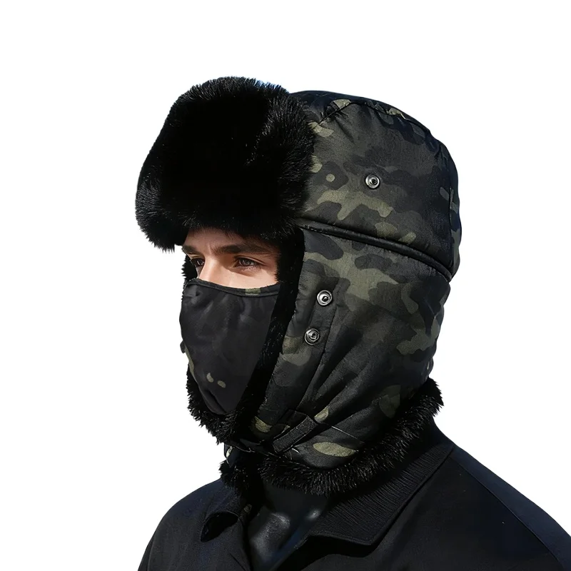 Unisex Winter Outdoor Plüsch Warme Lei Feng Hut Mit Ohrenklappen Winddichte Maske Camouflage Pilot Motorrad Radfahren Kappe Für Männer Frauen