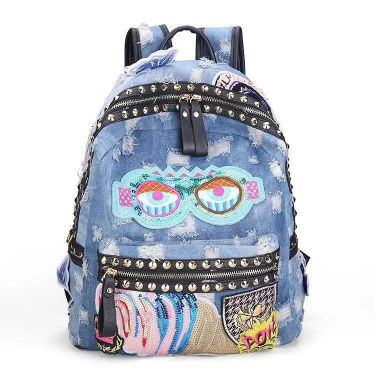 Rock Style Fashion Backpack For Women Denim Backpack Casual Travel Bags Vintage Demin Blue Bags Bolsa Large Travel Backpack