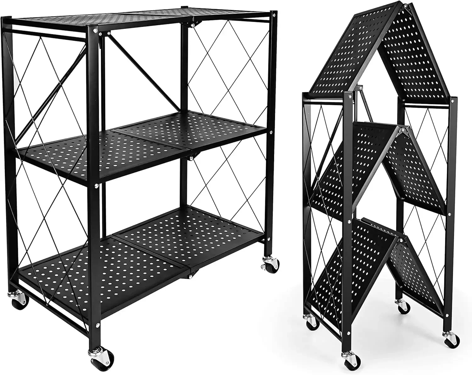 Heavy Duty 3-Tier Foldable Metal Rack,Storage Shelving Wheels Moving Organizer Shelves for Garage Kitchen, Black-1 Pack