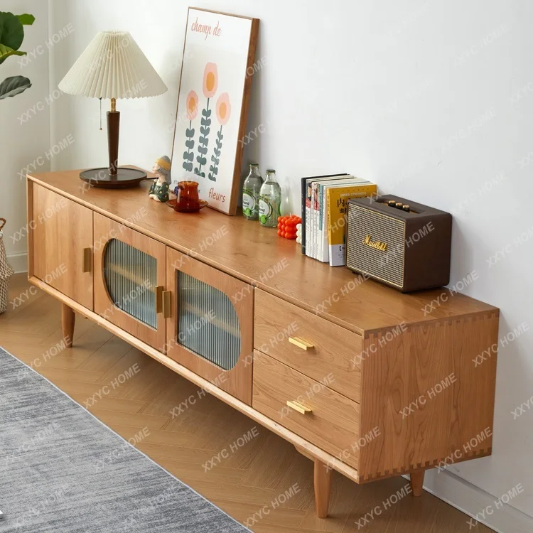 wsolid wood TV cabinet, cherry wood furniture, living room glass door, storage cabinet