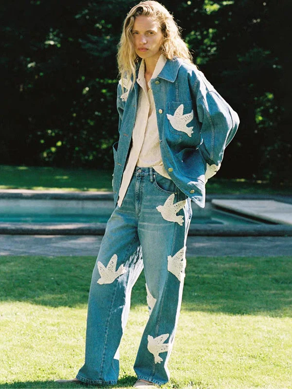 

Loose Hook Needle Bird Pattern Denim Collar Long Coat And Straight Leg Pants Set Autumn 2025 Early Faion Women's Suit