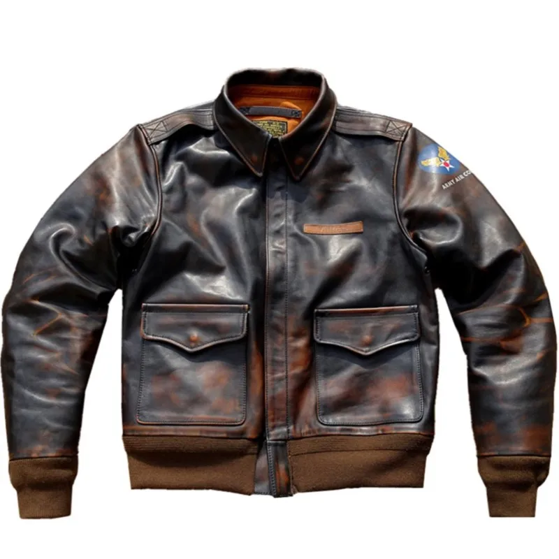 เสื้อโค้ทหนังแท้ขัดเงาด้วยมือสไตล์วินเทจสุดหรูและลำลอง