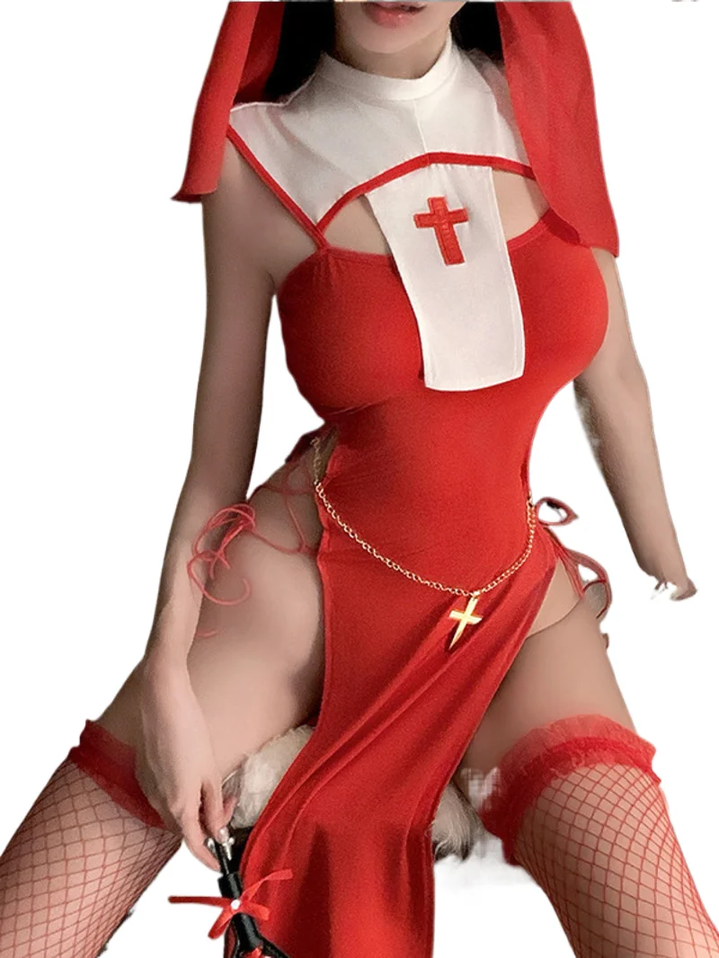 

Sexy Summer High Slit Cheongsam Nun Dress Role-playing Uniform Dress Elegant Tank Mini Dress Sweet SM Exotic Women Dress 3XPC