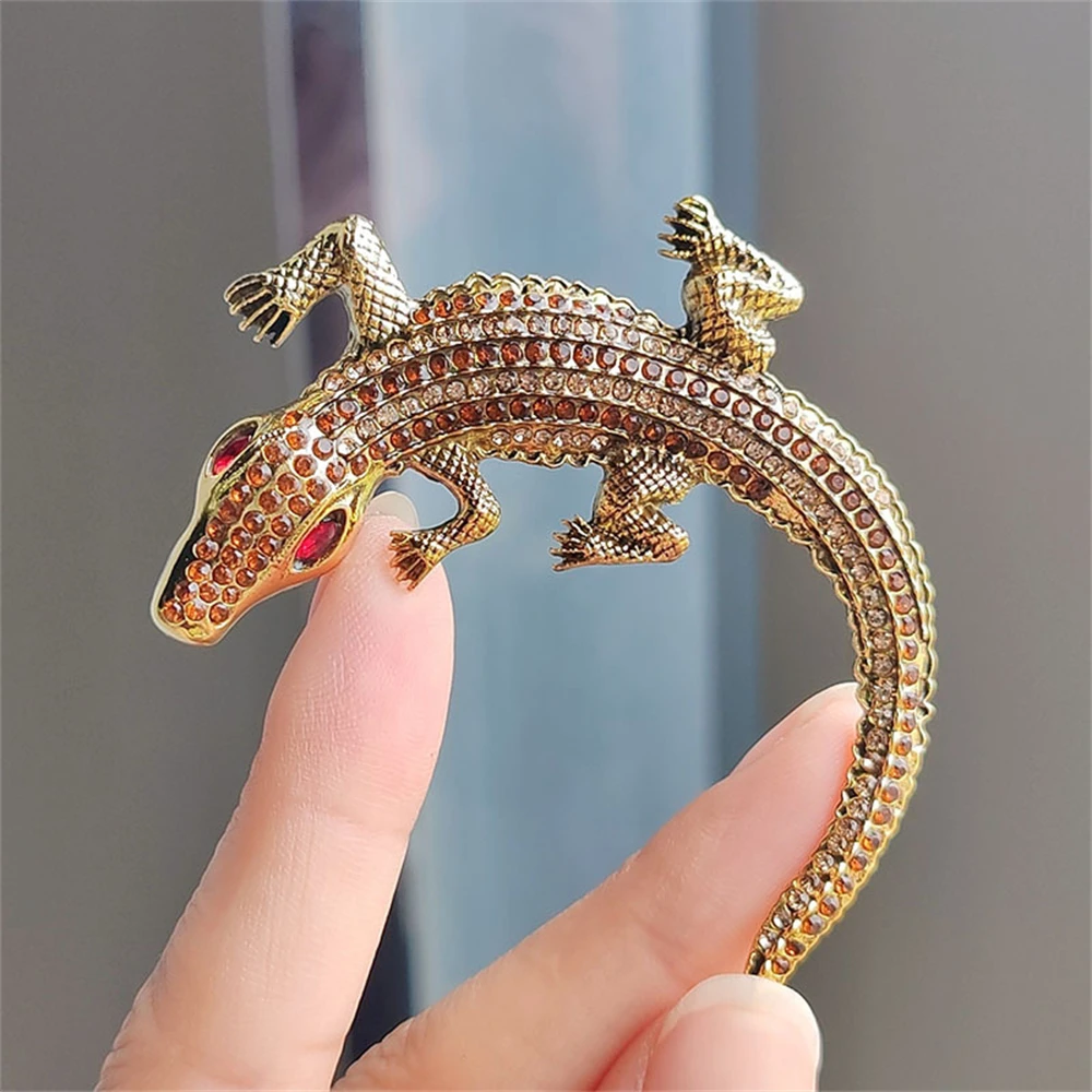 Big Crocodile Rhinestone Brooch Vintage Animal Pins Gift For Man Women Crystal Alligator Metal Brooches Jewelry